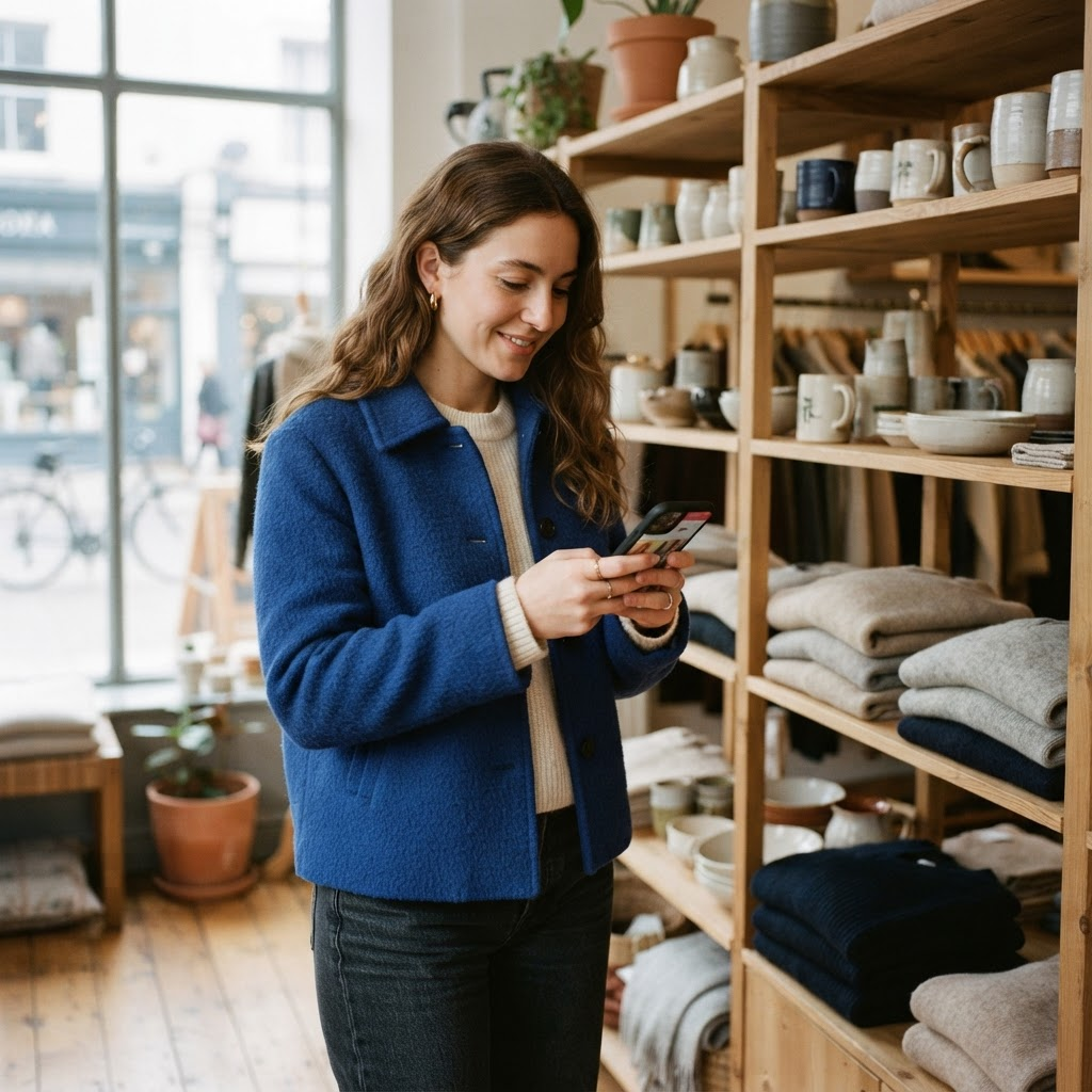 A shopper exploring a boutique on her phone